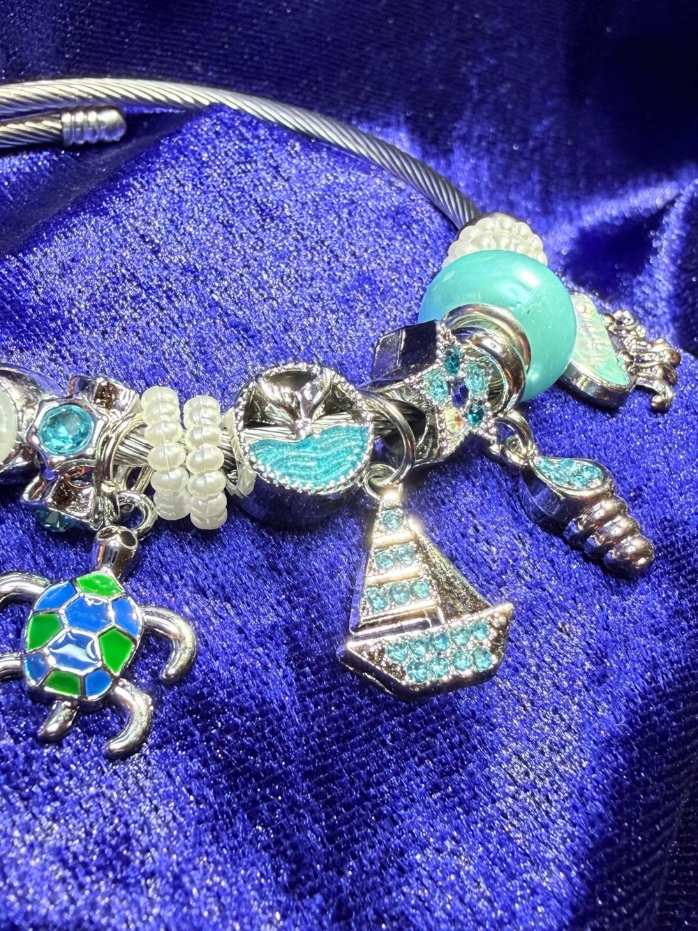 Silver-Tone Turquoise Sea Charm Bracelet with Sailboat, Shells and Turtle